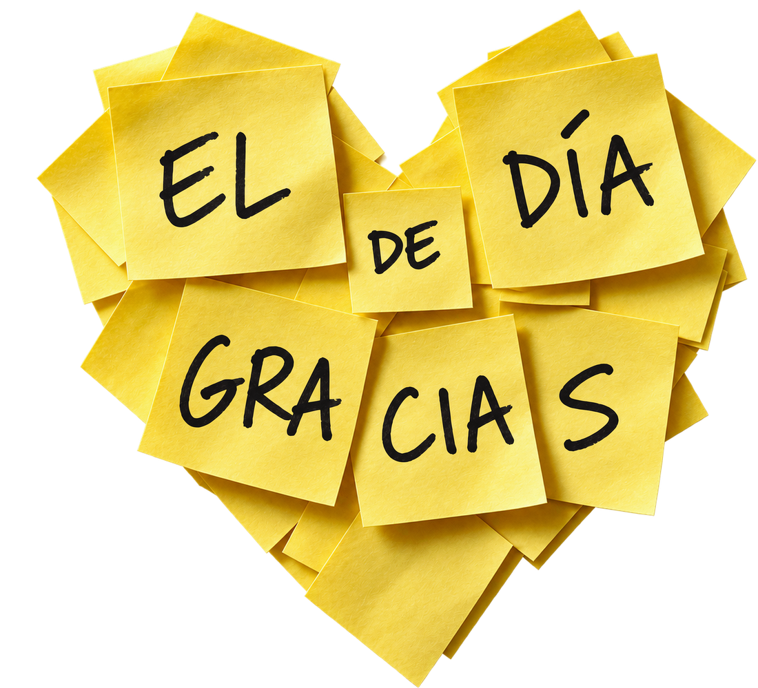 Logotipo: corazón hecho de notas amarillas con las palabras El Día de Gracias.