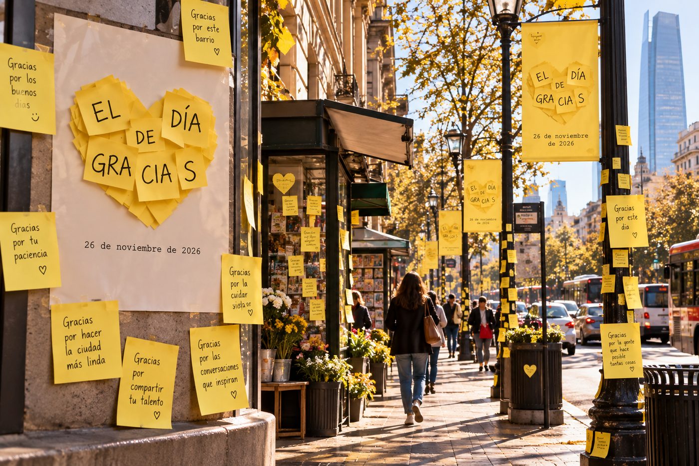 Calle de ciudad con afiches oficiales y notas de agradecimiento.