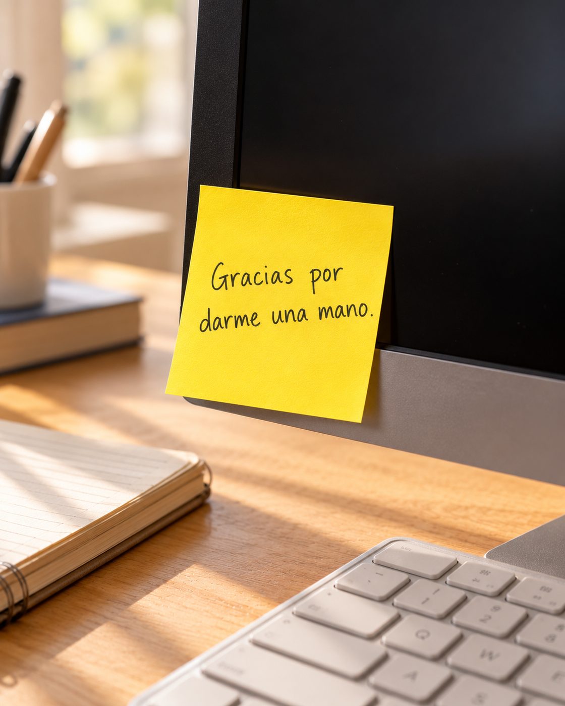 «Gracias por darme una mano.» pegada en un monitor.