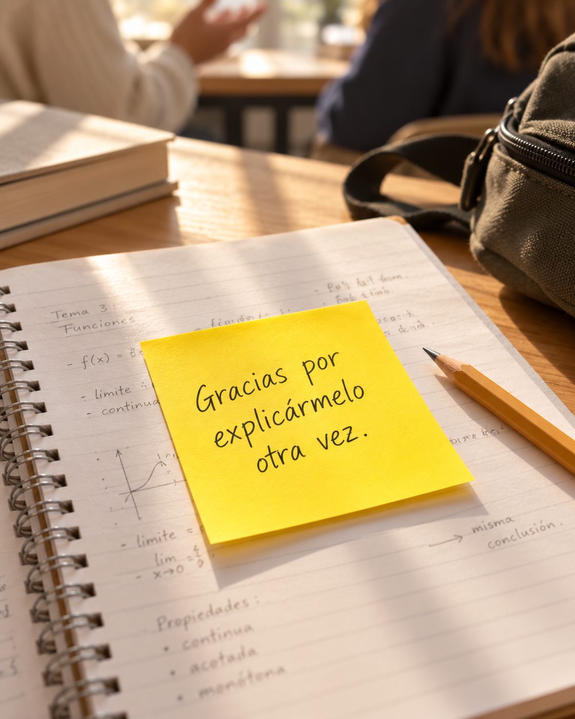 «Gracias por explicármelo otra vez.» sobre un cuaderno.